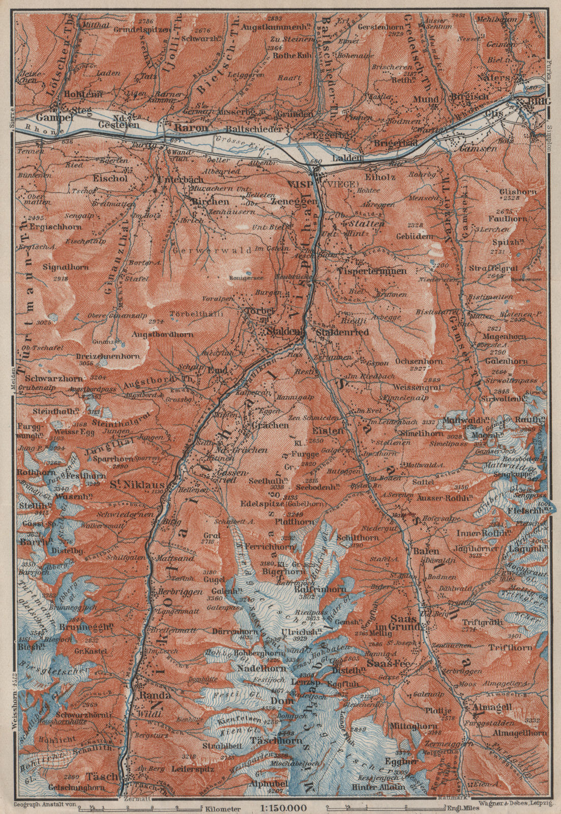 STALDEN/SAAS-FEE AREA. Mischabel Group Grächen Dom Raron Randa Visp 1909 map